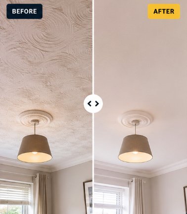 Artex ceiling transformed with professional plastering