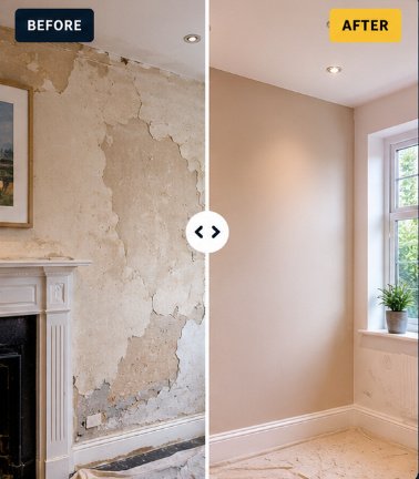 Living room wall restoration before and after plastering